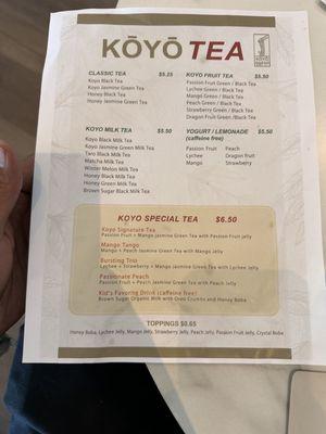 Beverage menu