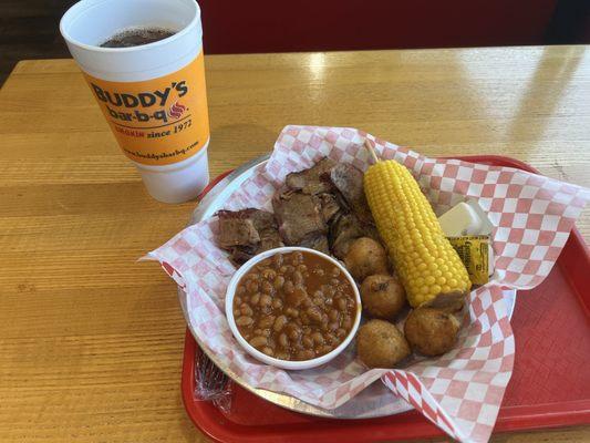 Beef Combo, Corn, Hushpuppies - Regular, Baked Beans