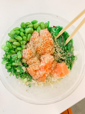 Poke Bowl (Two Proteins): salmon, edamame, cauliflower rice, sesame seeds, seaweed salad, scallions, wasabi mayo.