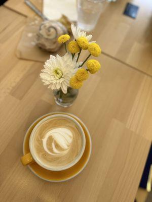 Honey latte and a cinnamon roll