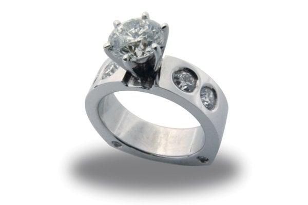 14kt White Gold Heavy European Style Engagement Ring with 1.25 Carat Diamond and 1/6 Carat Burnish Set Round Diamonds