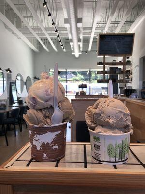 Single scoop of Kona Coffee & Mountain Blackberry next to a Child's scoop of Maple Nut