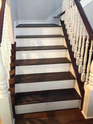 Espresso stair treads with white MDF risers in Irvine, CA