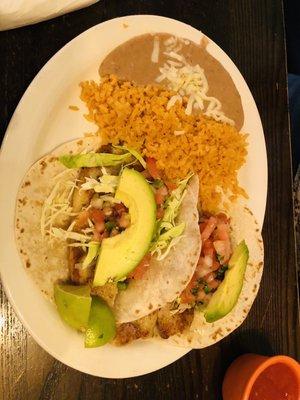 Fish tacos, rice and beans