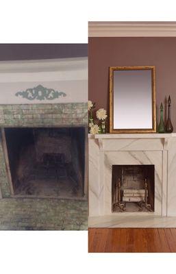 Before & After Fireplace. Hundred year old wood and tile fireplace had seen better days. We re-shaped it and painted it to look like marble.