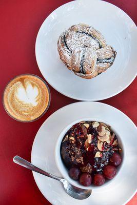 chocolate babka, chia pudding, and a cortado