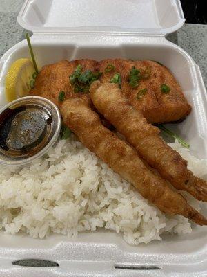 Salmon plate comes with shrimp tempura