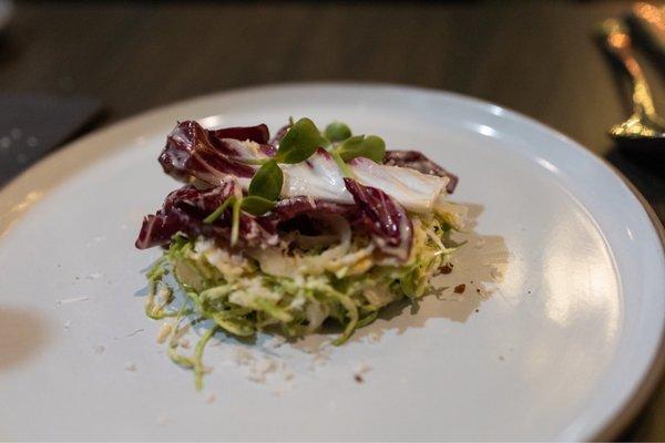 Brussels Sprout Salad, pine nut butter, crispy sunchoke, parmesan vinaigrette