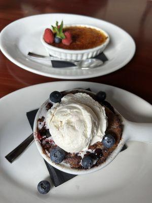 Blueberry cobbler and crème brûlée