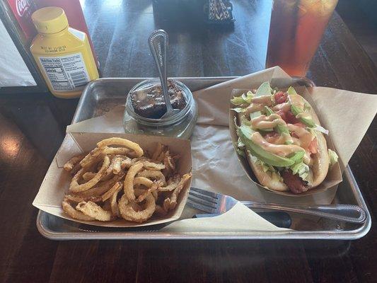 West Coast Dog, Onion Rings and Bread Pudding