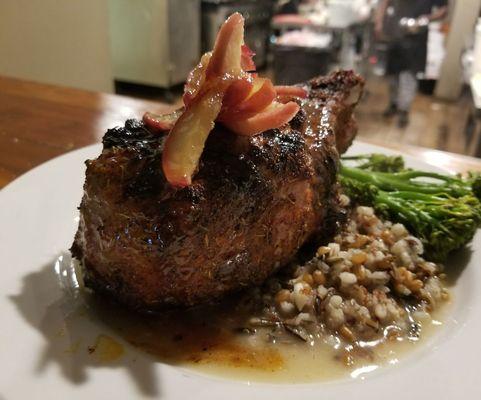 Grilled Pork Chop w/ Bourbon-Apple Glaze, Five Grain Blend, and Broccolini