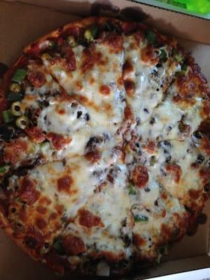 Large 'everything' pizza without the bacon on top.