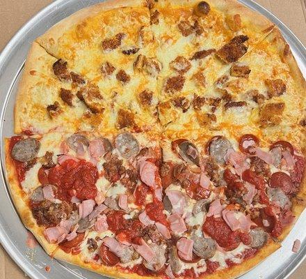 Large pizza  half buffalo and other half sausage, meatballs and bacon