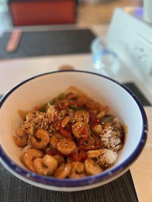 Shrimp bowl served with rice.