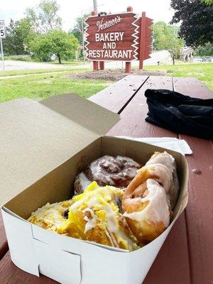 Blueberry coffee cakes, cinnamon twist, and cherry twist.