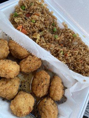 Fried rice and honey garlic pepper boneless wings