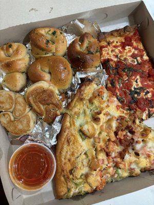 garlic knots (6); chicken blt slice; grandma slice