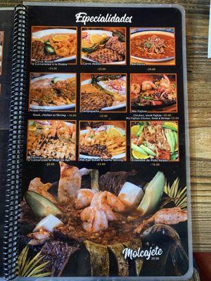 Specialty menu