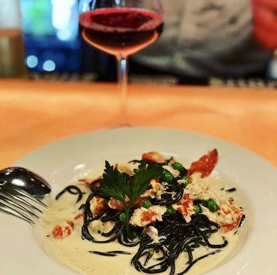 Squid ink pasta with lobster