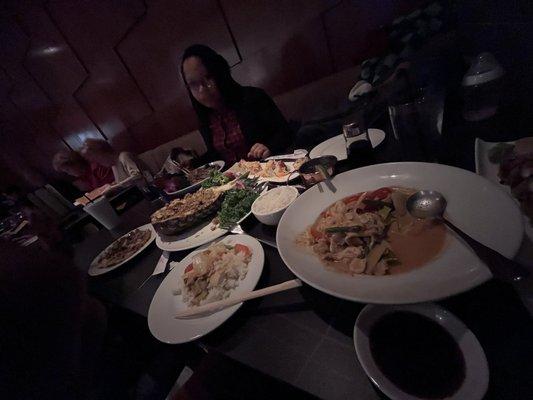 From right to left: Panang Curry with Chicken, Pineapple rice with Chicken, Drunken Noodles. I can't remember the rolls we ate though.