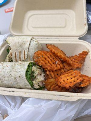 Chicken wrap and sweet potato fries