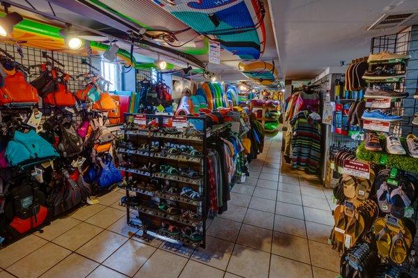 The lower level of the shop features whitewater and recreational kayaks and paddling gear.