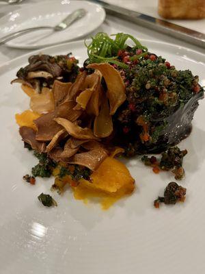 Short rib with butternut squash, sun-choke, mushroom, and pink peppercorn