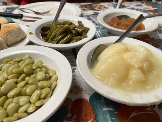 Lima beans, stewed potatoes, green beans, baked apples