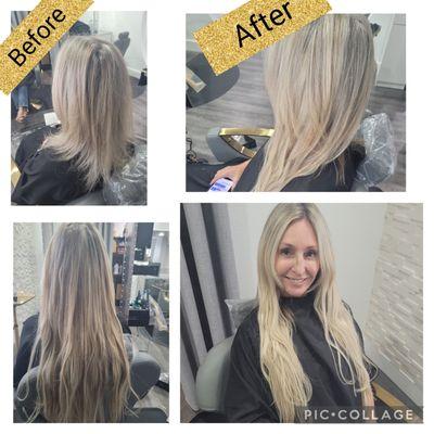 before and after color and cut with extension and olaplex treatment