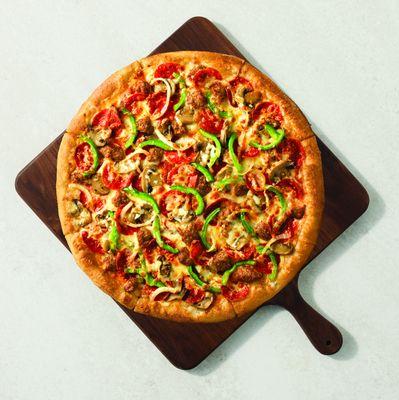 The Deluxe.... our supreme pizza featuring pepperoni, Italian sausage, mushrooms, green peppers, onions on our hand-tossed fresh dough.