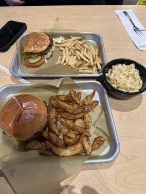 We both got the all American cheeseburger with potato wedges, fries, and mac and cheese.