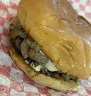 Swiss cheese and mushroom burger, cooked to perfection!