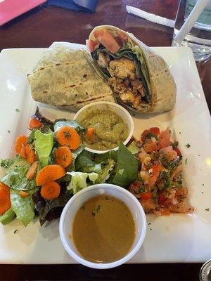 Delicious Thai Chicken Wrap with Peanut Sauce, side salad and pico de gallo!