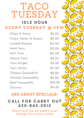 Taco Tuesday Menu available every Tuesday from 5pm-9pm