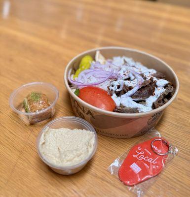 Beef & Lamb Bowl with hummus and baklava