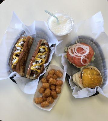 Wednesday's custom blend cheese burger tots and a shake 10$ or 2 dogs with the works tots and a shake 10$