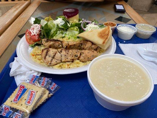 Chicken plate and lemon chicken rice soup.