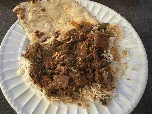 Goat Curry, rice, and Garlic Naan.