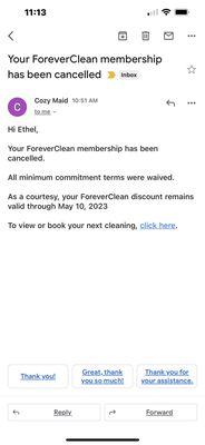 Cleaner no show. They offered a free month which extended  my contract. They failed to tell me