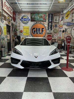 30% window film on the front windshield on this Corvette C8