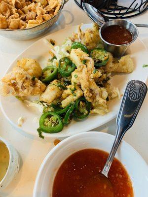 Salt and pepper calamari appetizer with fresh jalapeños