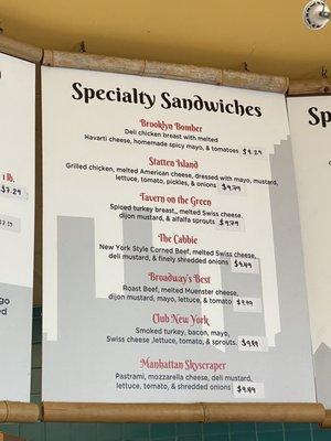 Menu (specialty sandwiches)