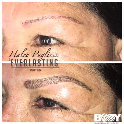 Brow Microblading and I cover a faded red tattoo, that was straight across. Step one of two to work on giving her an arch.