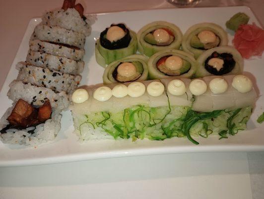 Sweet potato roll (left), Paradise roll (top), and White Mountain roll (bottom) -- so much great flavor.