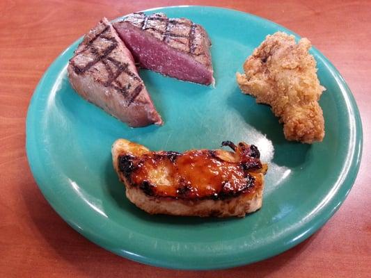 (Way too raw Steak - 2 stars) (Grilled Pork Loin - 4 Stars) (Fried Chicken - 4 Stars)