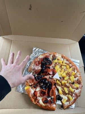 Here is how small the pizza is compared to my small hand. Is this really worth $35?! NO!!!!