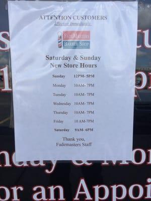 FadeMasters new hours