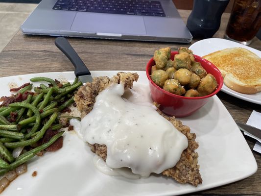 Chicken Fried Steak Plate, Fried Okra, Bacons Green Beans.... So good!