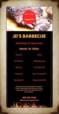 JD'S Barbecue menu, give us a call for BBQ catering.