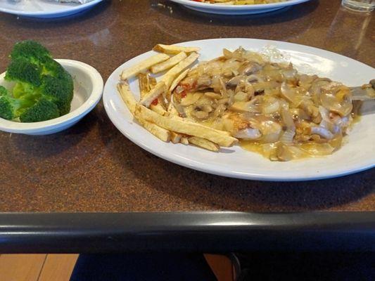 Chicken Marsala with mushrooms, onions, fresh cut fries and steamed broccoli